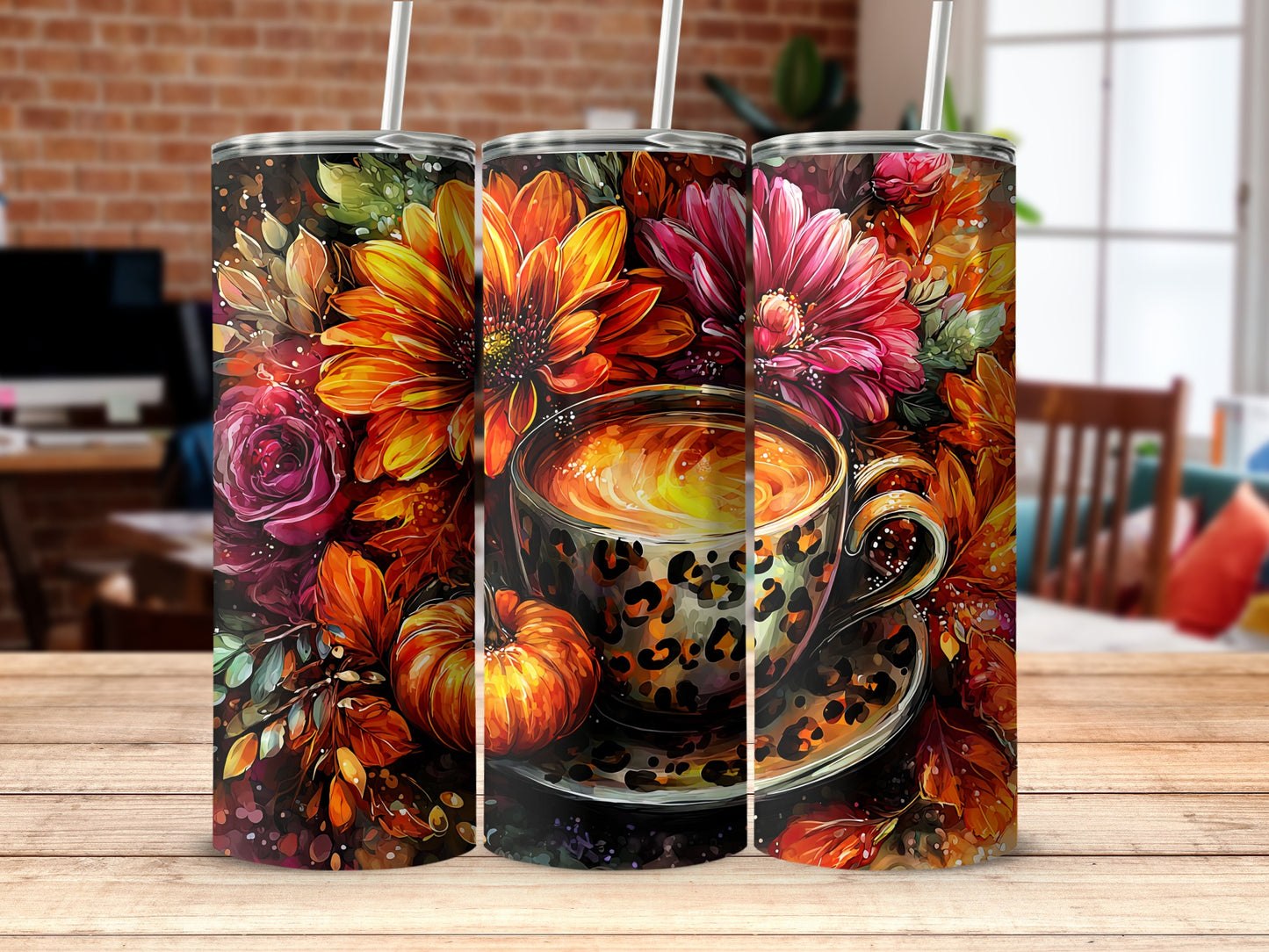 Floral Pumpkin Coffee Artistic Tumbler for Autumn