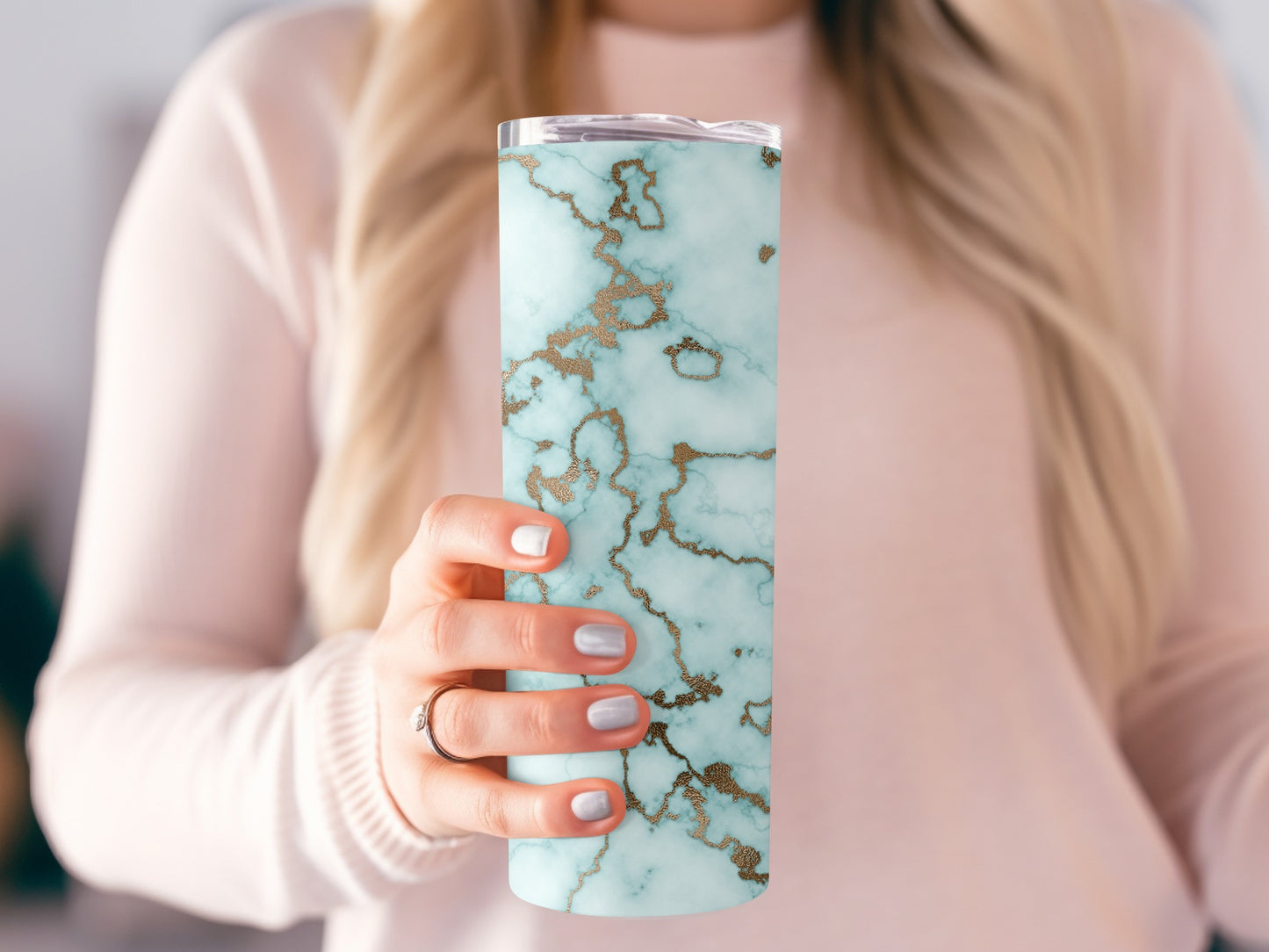 Gold Accents On Aqua Marble Abstract Design Tumblers