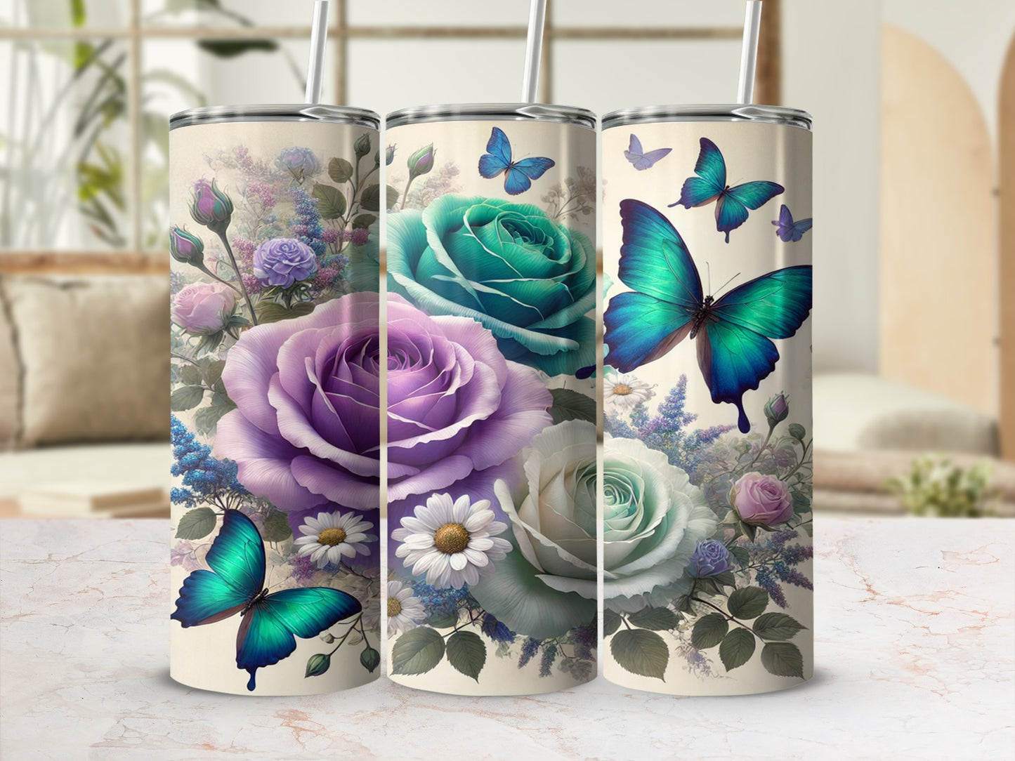 Vibrant Floral and Butterfly Design Tumbler Cup