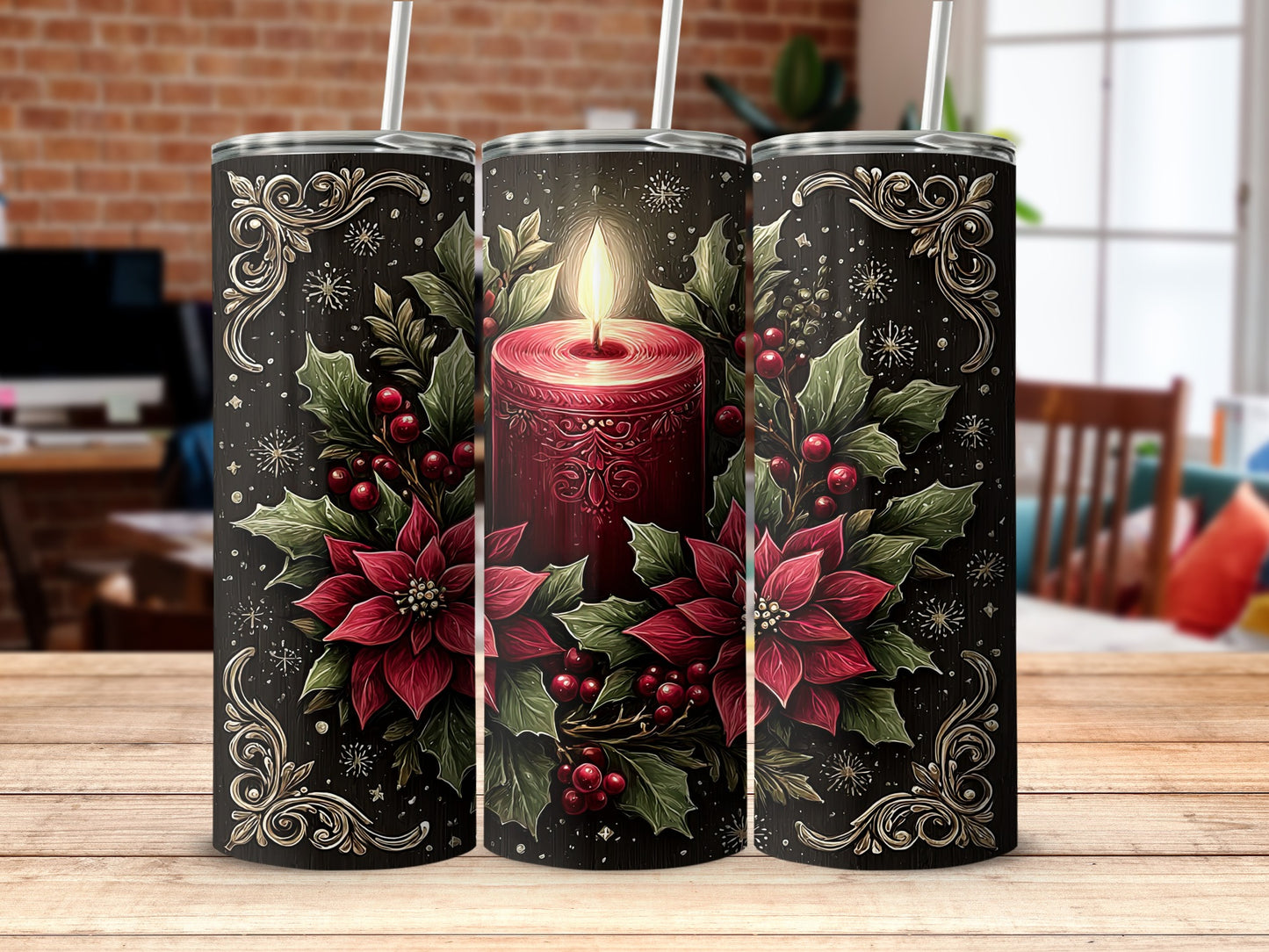 Holiday Candle and Poinsettia Tumbler Design