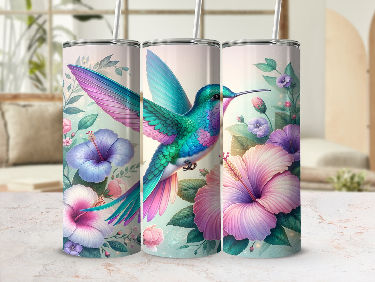 Hummingbird and Floral Design Tumbler with Straw
