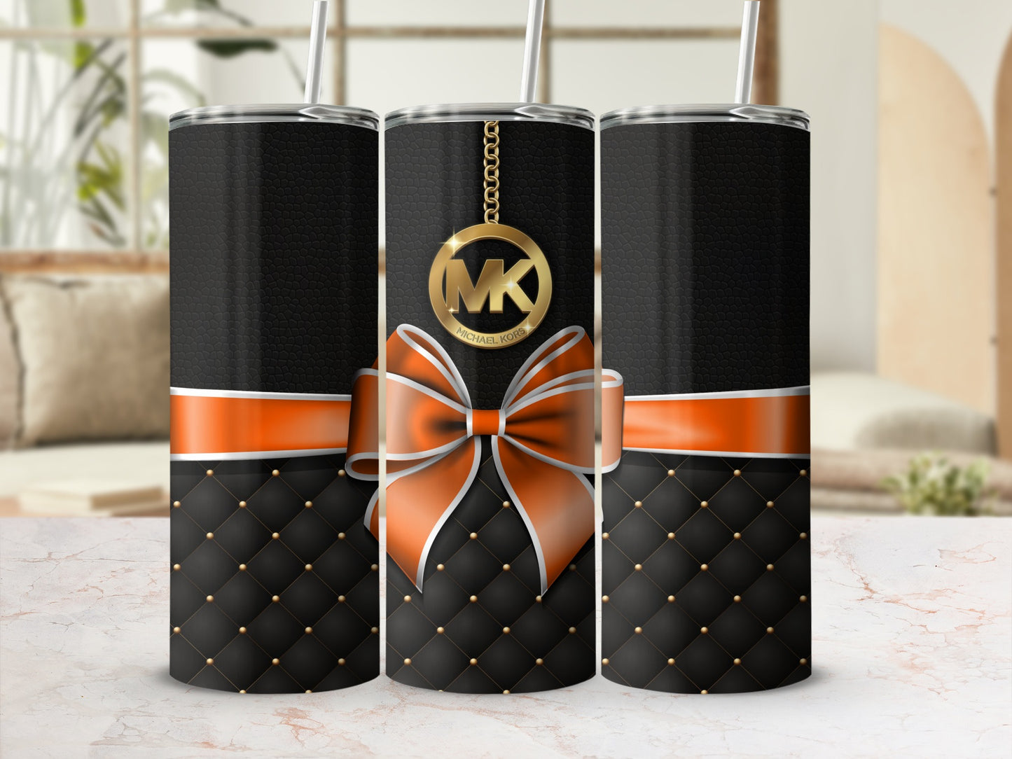 Elegant Quilted Black Tumbler with Orange Ribbon Design