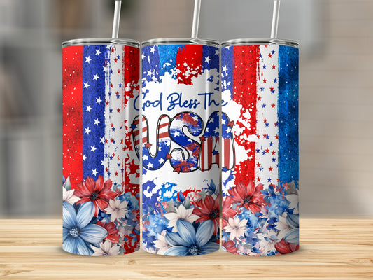 Three tumblers with patriotic USA design and floral accents.