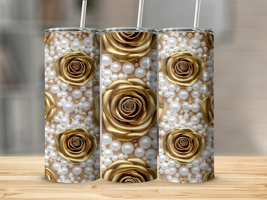 Gold roses and pearls pattern on a tumbler with a straw.