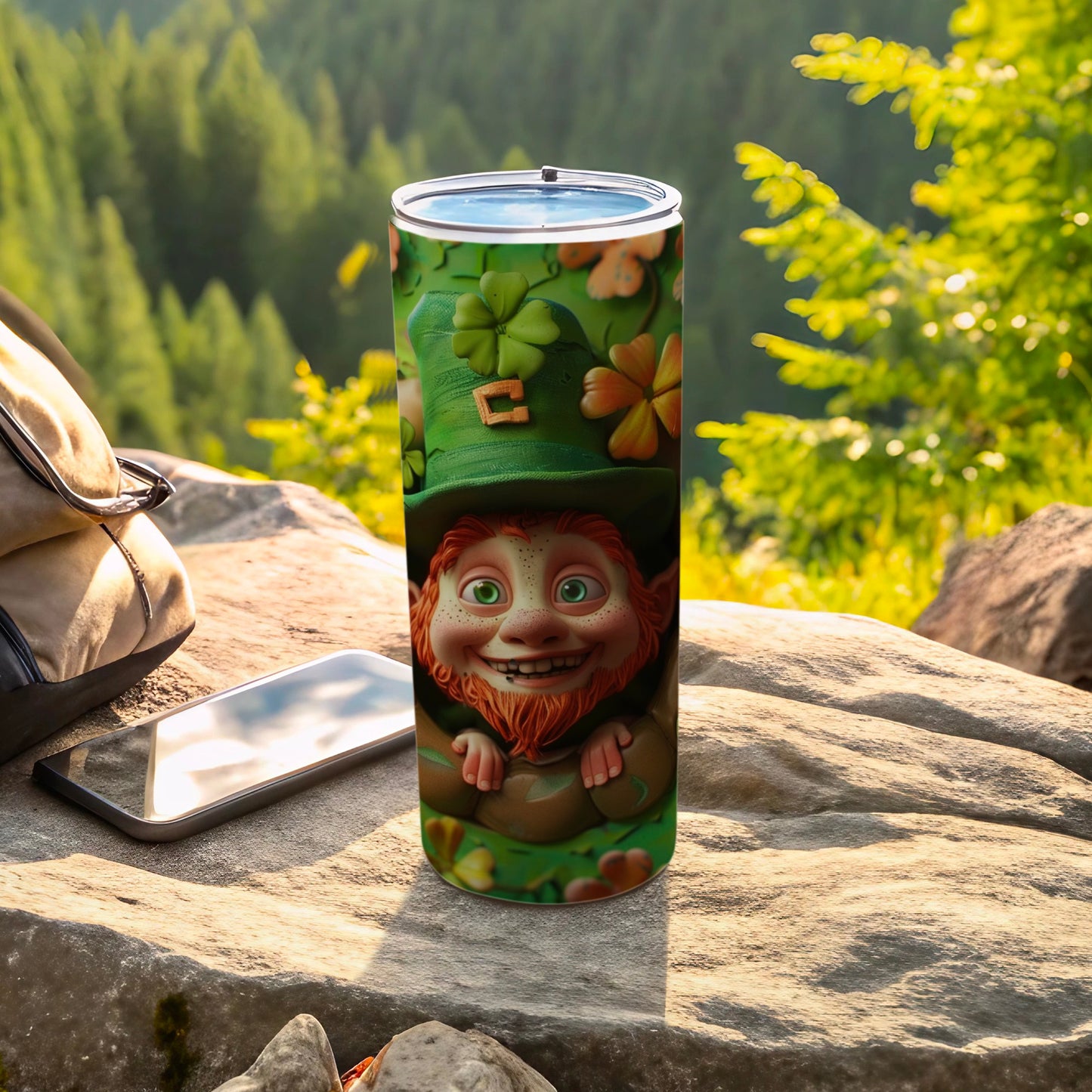 Leprechaun face and shamrocks adorn a green tumbler on a rock.