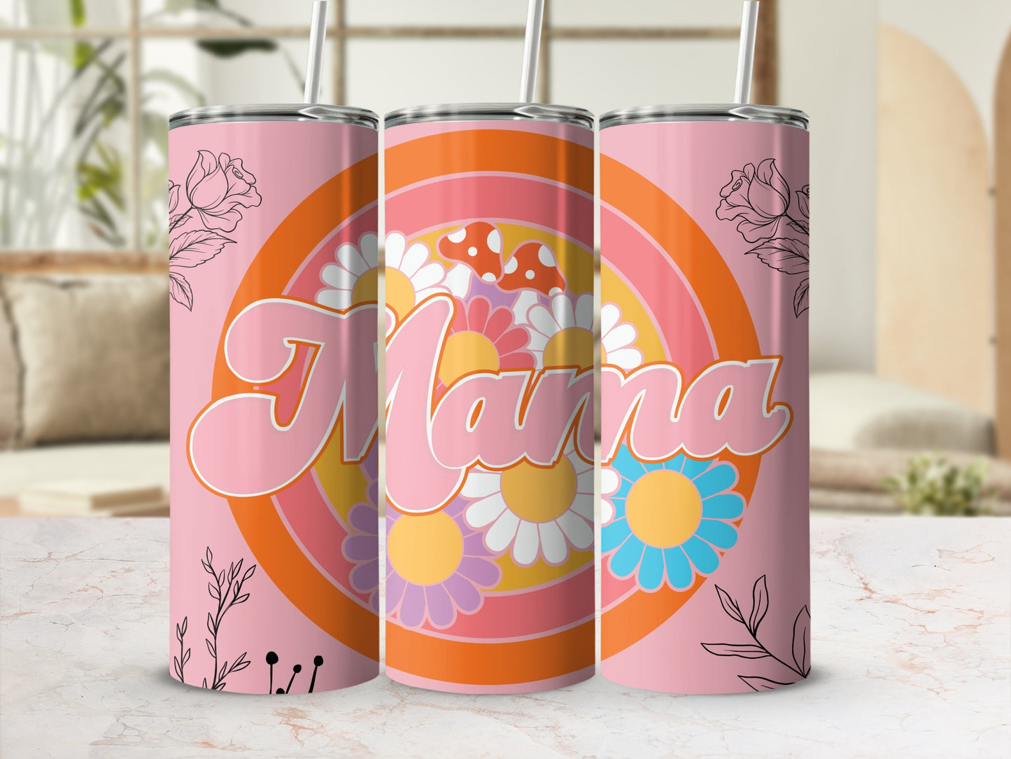 Floral Mama Retro Design Tumbler with Straw