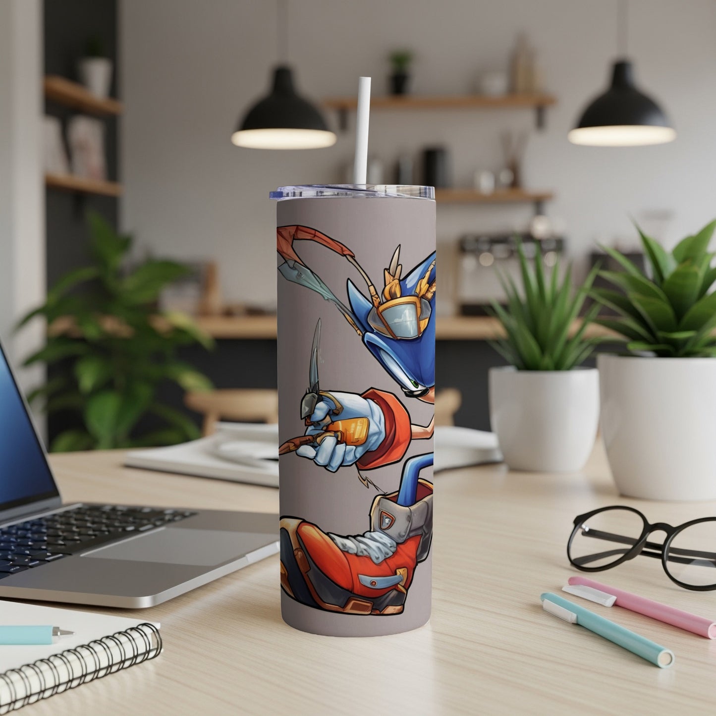 Tails the fox character from Sonic the Hedgehog on a grey tumbler.