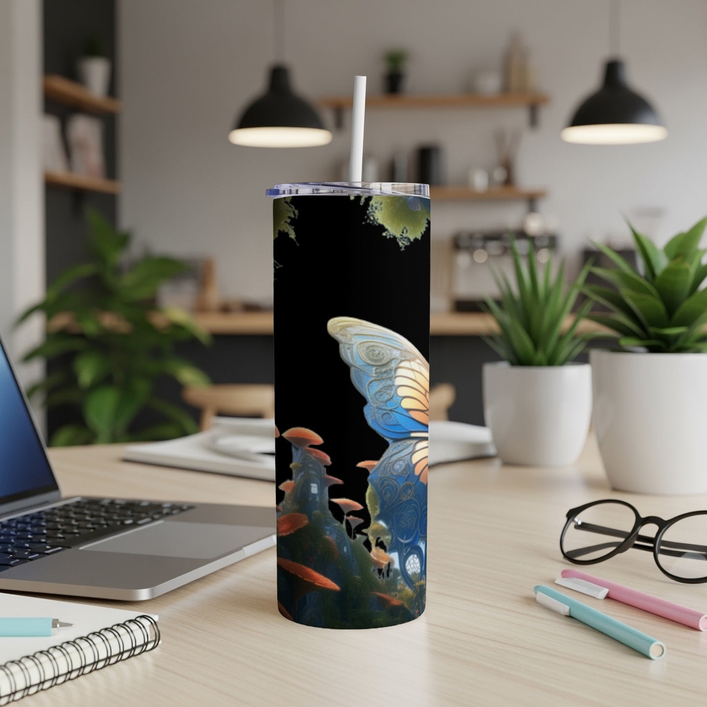 Fairy-themed tumbler with mushrooms and a butterfly wing design.