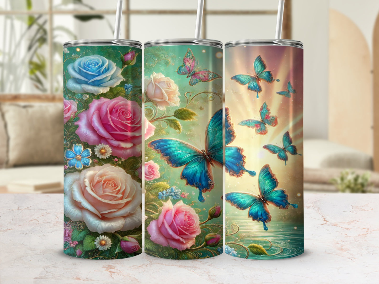 Colorful Roses and Butterflies Design Insulated Tumbler