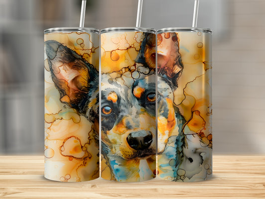 Three tumblers featuring a watercolor-style Australian Cattle Dog portrait.