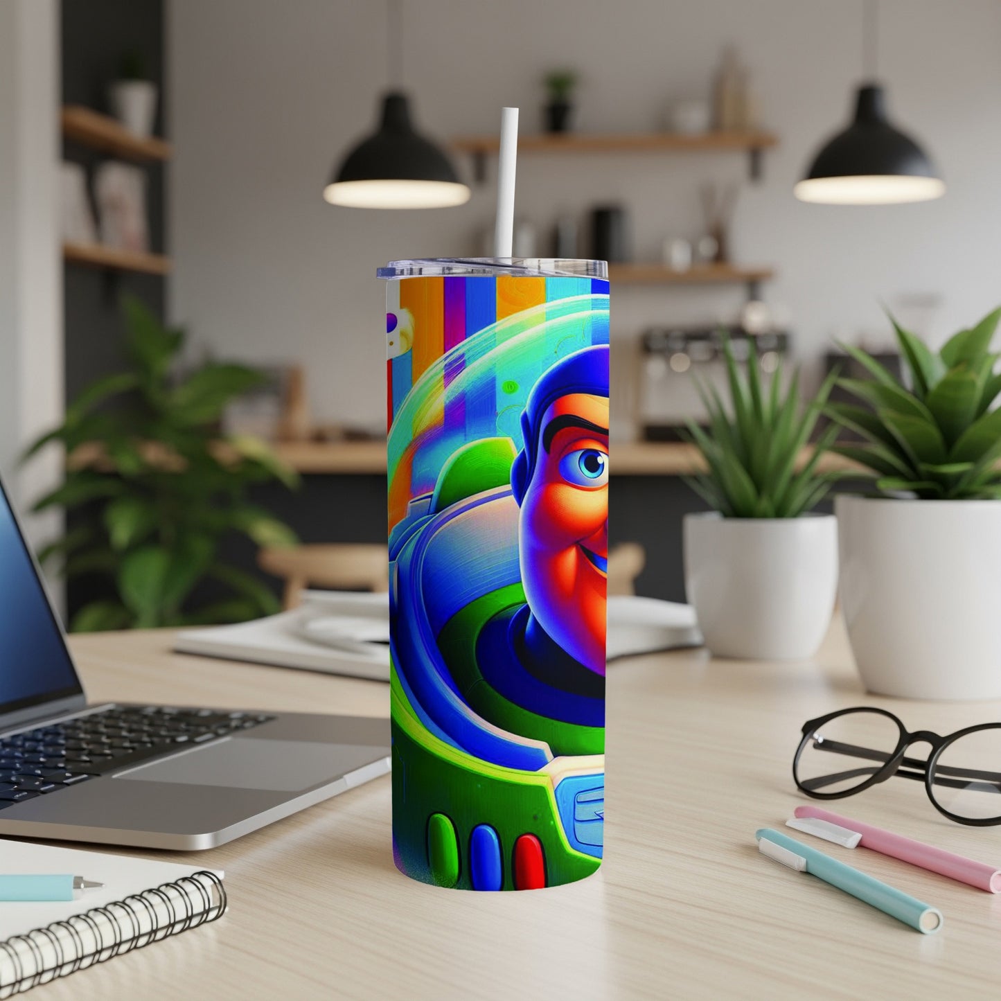 Buzz Lightyear character on a colorful, tall tumbler with straw.