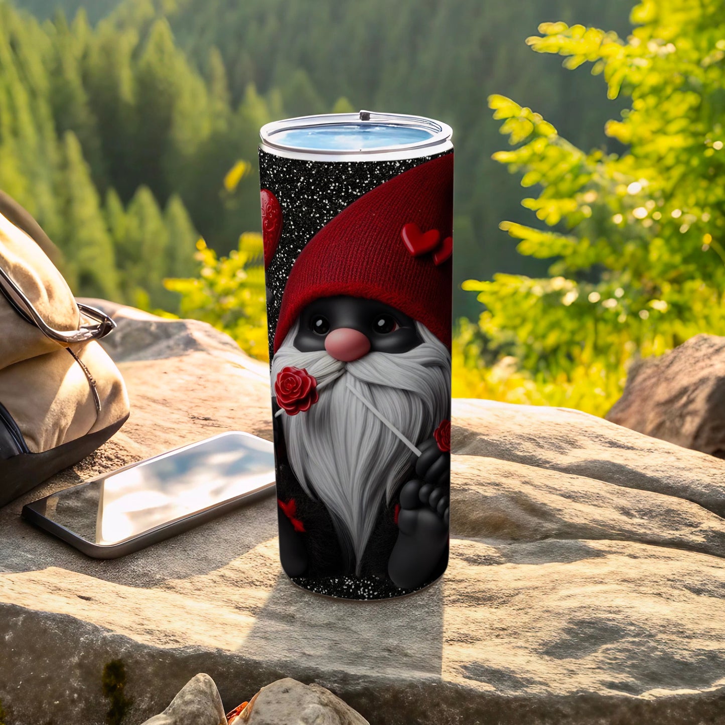 Cute Gnome Tumbler with Heart and Rose Design Flask