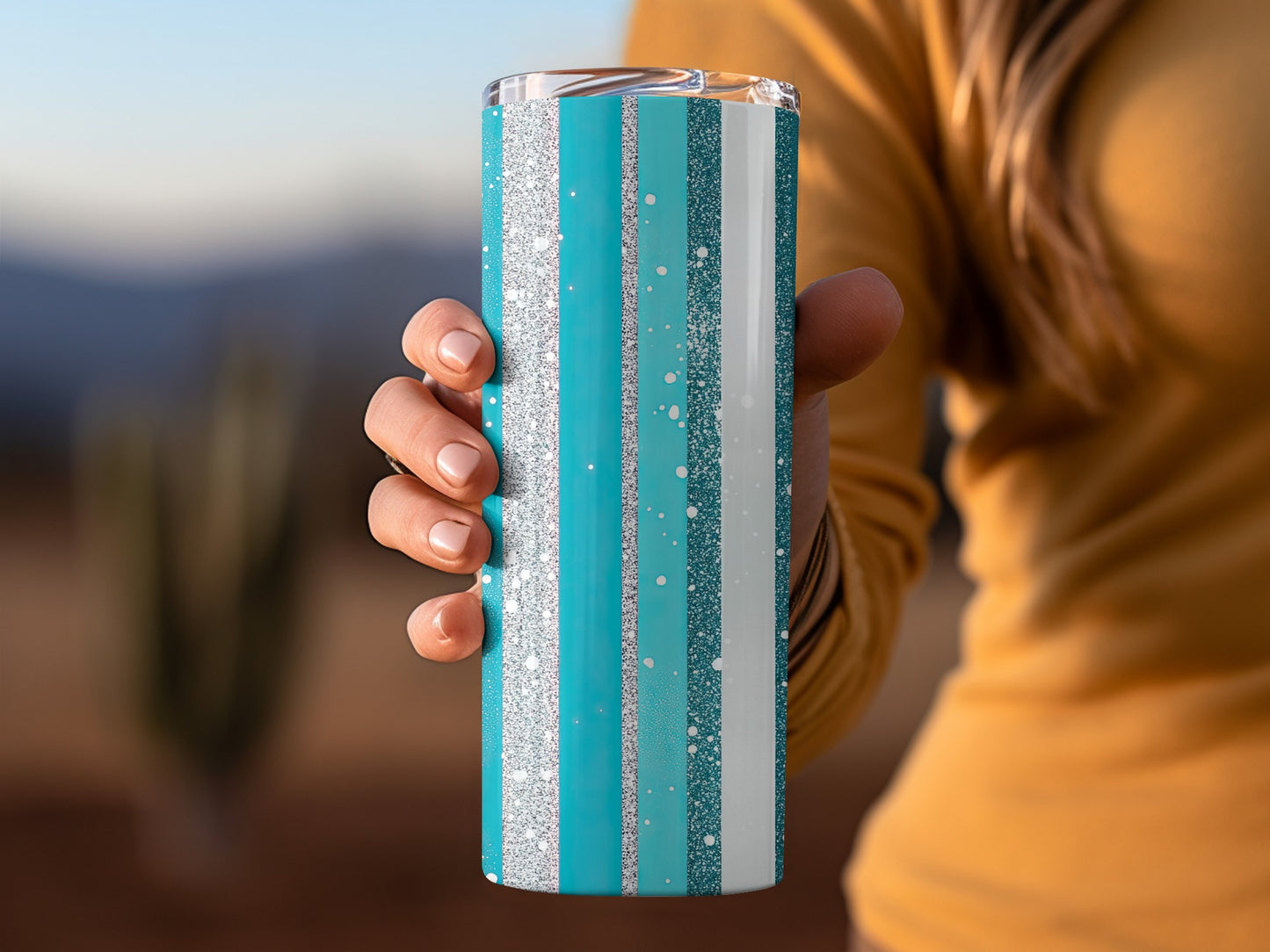 Teal Blue Silver Glitter Stripes Pattern Design Tumblers