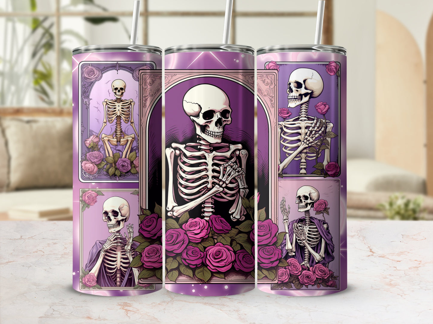 Purple Skeleton and Roses Design Tumbler Flask