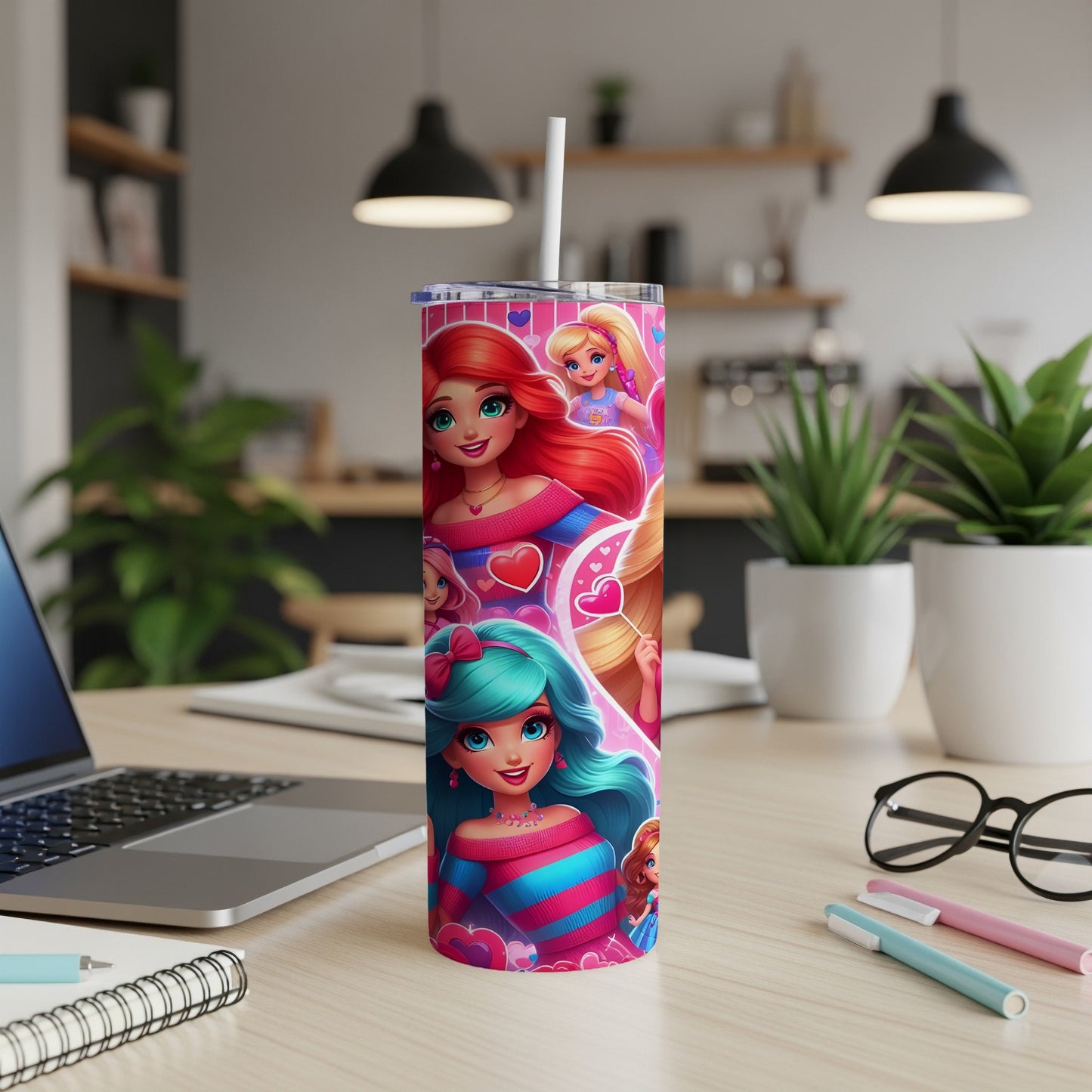 Tall tumbler with pink and blue cartoon girls, hearts, and stripe pattern.