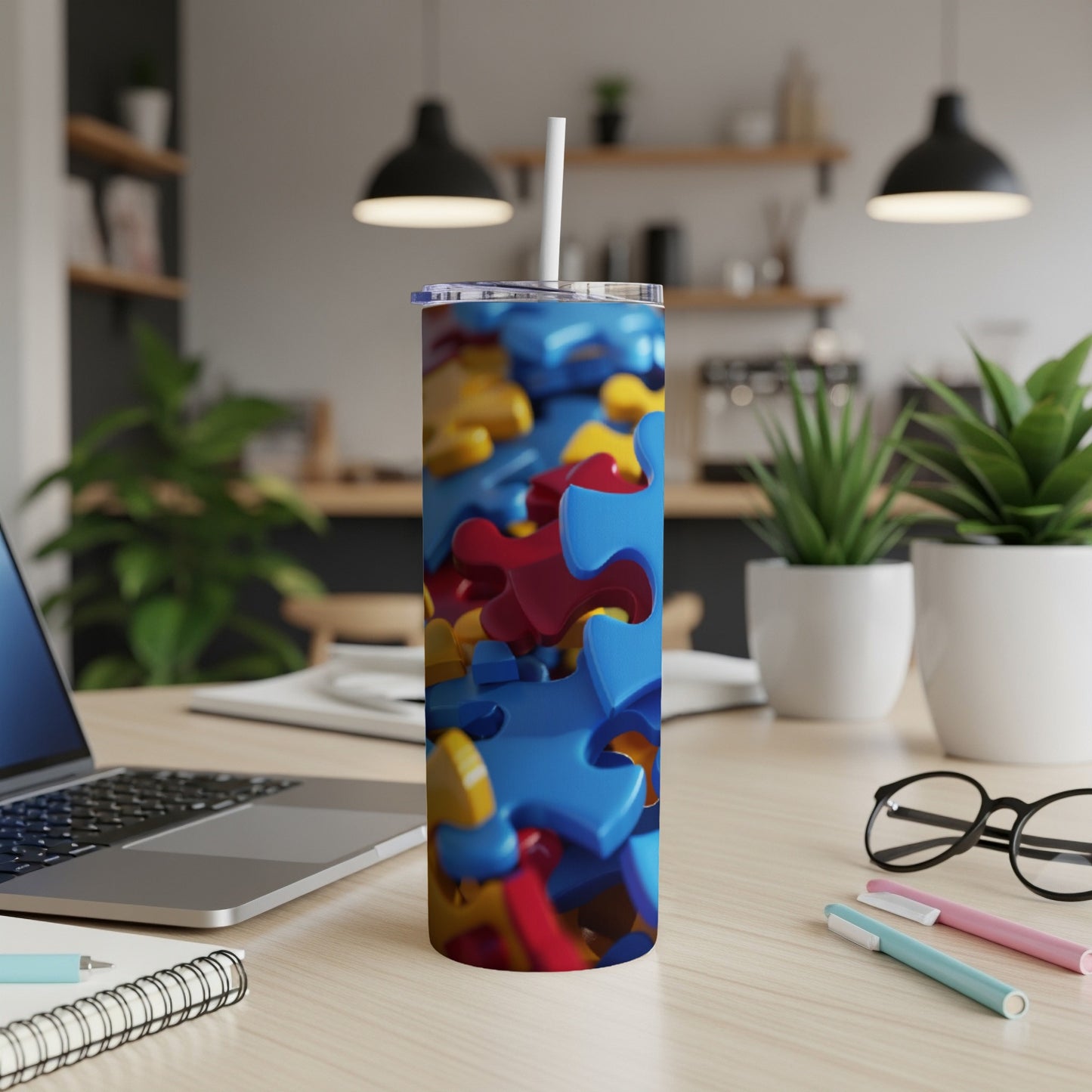 Blue, red, and yellow puzzle pieces on a white tumbler with a straw.