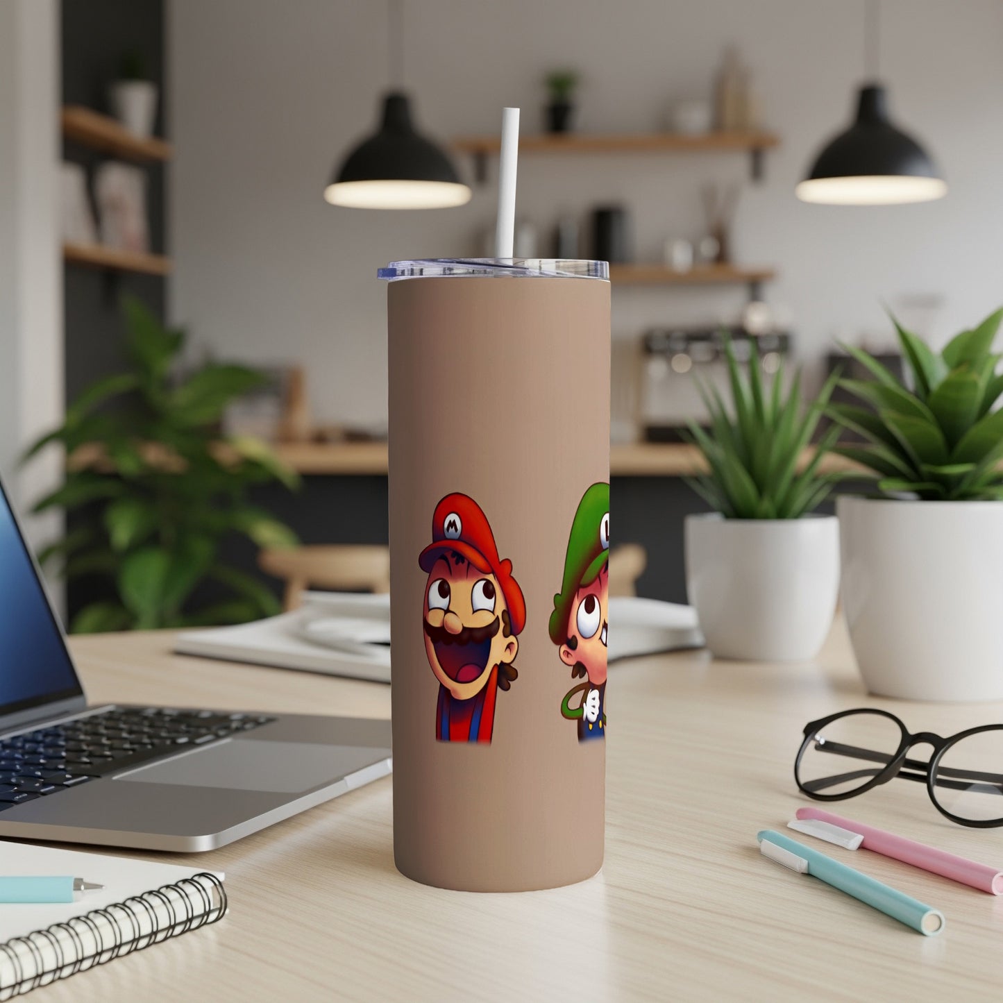 Mario and Luigi cartoon characters on a brown tumbler with a straw.