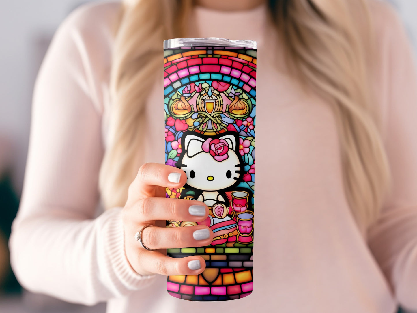 Stained Glass Hello Kitty Floral Colors Print Tumbler