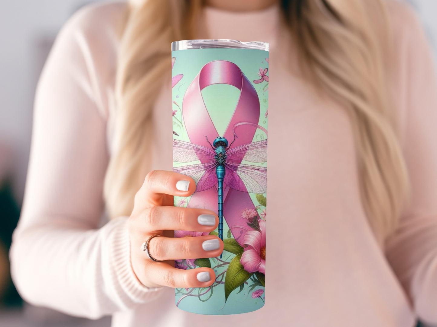 Dragonfly and Pink Ribbon Floral Design Tumbler