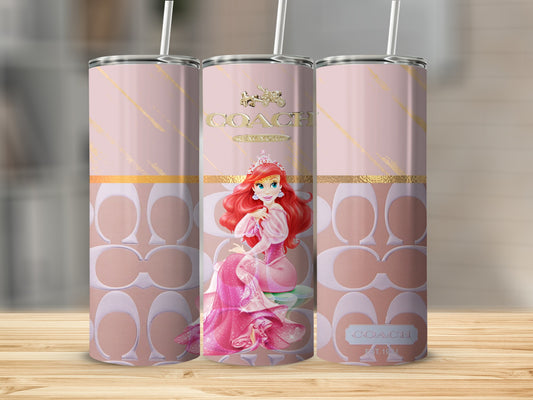 Three pink tumblers with Ariel, Coach logos, and gold accents.