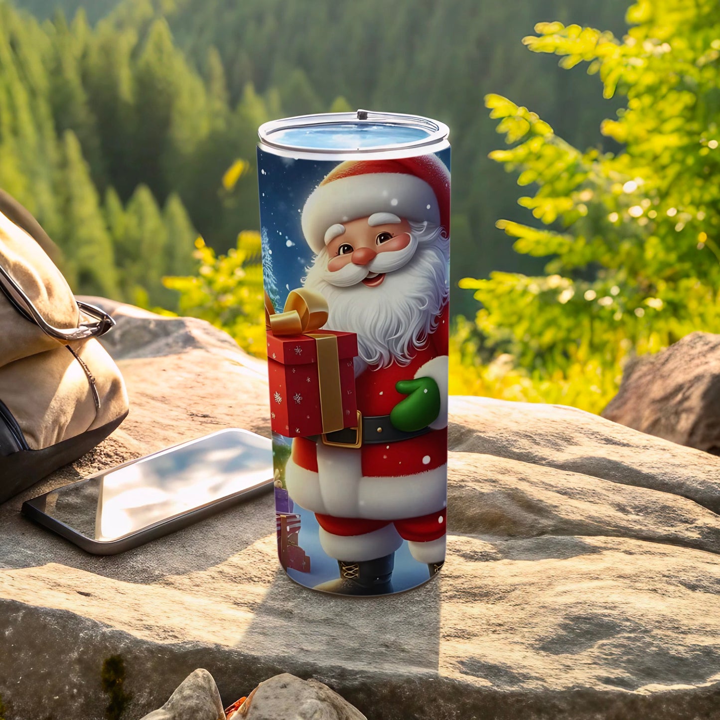 Festive Santa Claus Holding a Gift Tumbler Cup