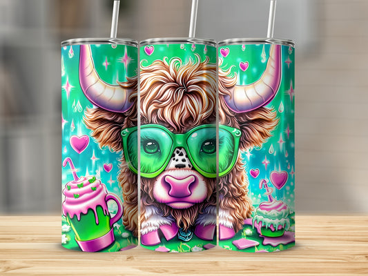 Green cow tumbler with pink hearts and festive sprinkles.