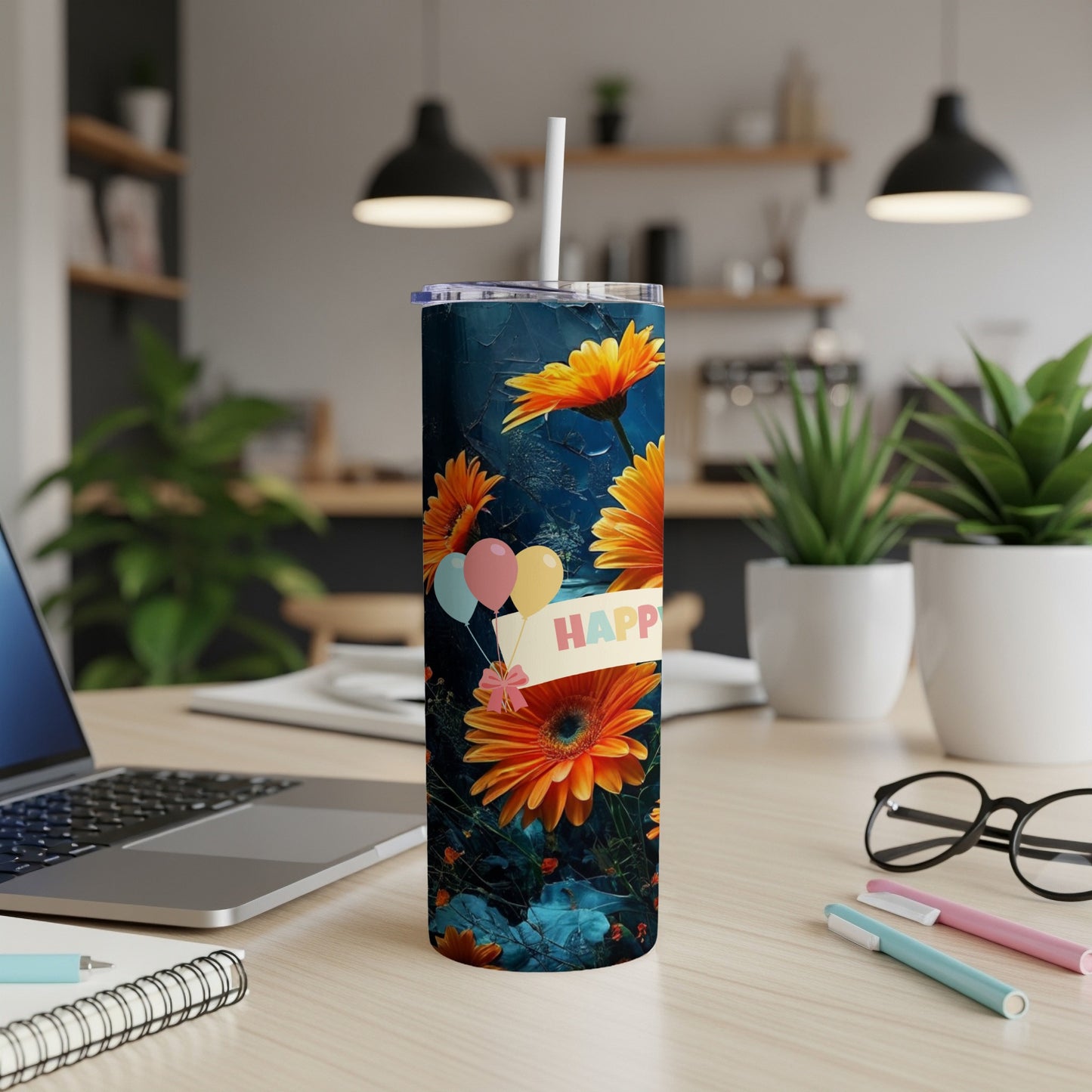 Tall tumbler with orange gerbera daisies and "Happy" banner.