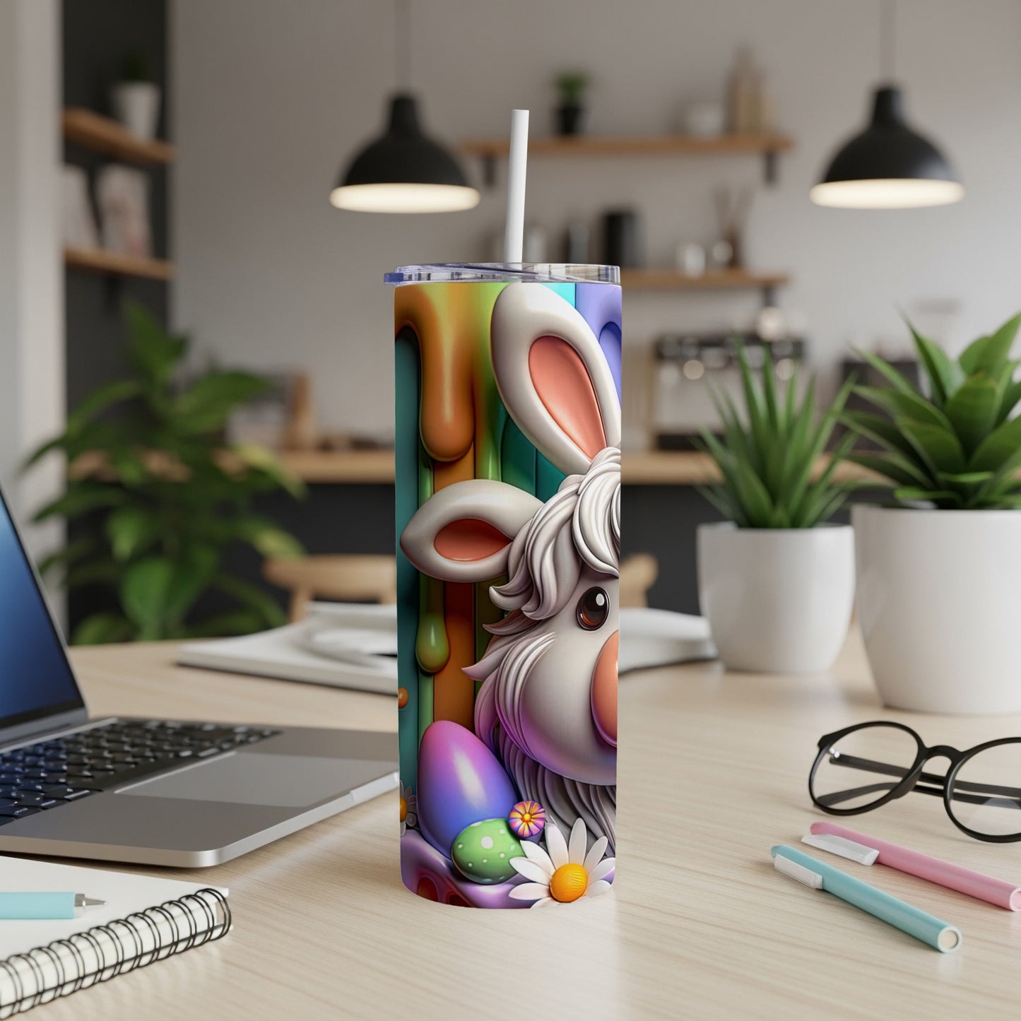Easter bunny and colorful eggs on a tumbler mug.