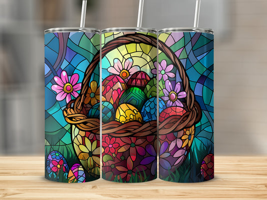 Easter basket with stained glass pattern, filled with colorful eggs and flowers.