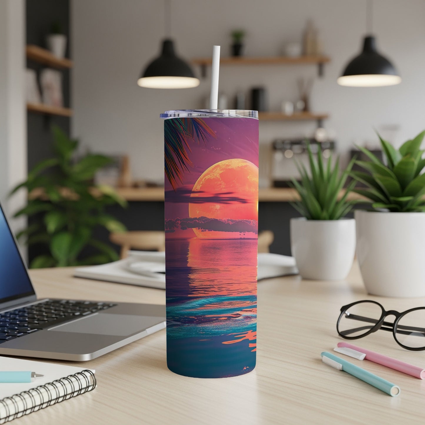 Tall tumbler with a sunset scene featuring a large orange moon over a reflective ocean.