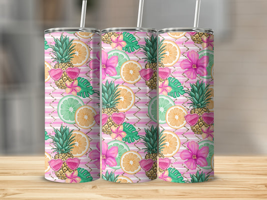 Patterned tumbler with citrus fruits, flowers, and hearts on striped background.