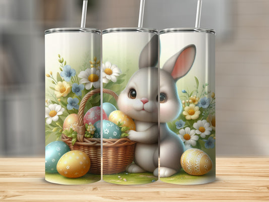 Easter bunny with a basket of colorful eggs and flowers.