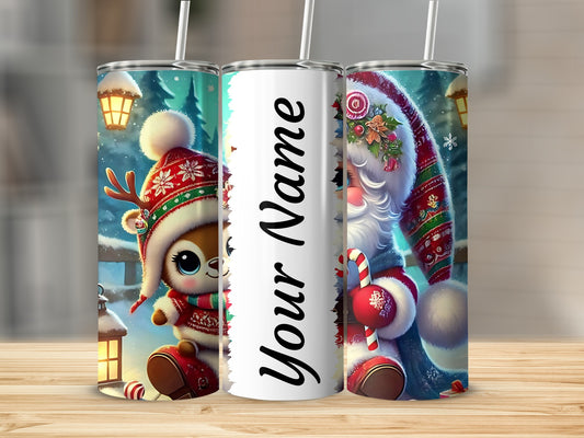 Cute Christmas Santa and Reindeer Personalized Tumbler