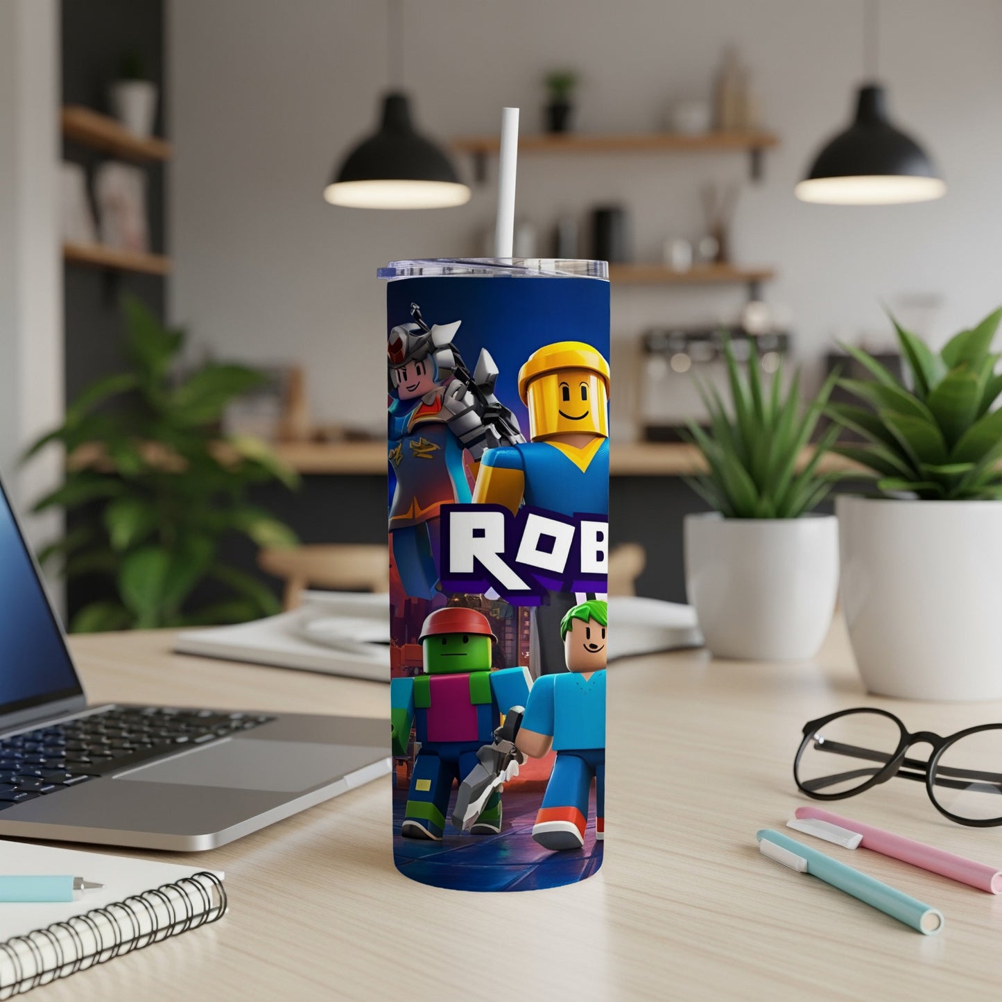 Roblox characters on a blue tumbler with a white straw.