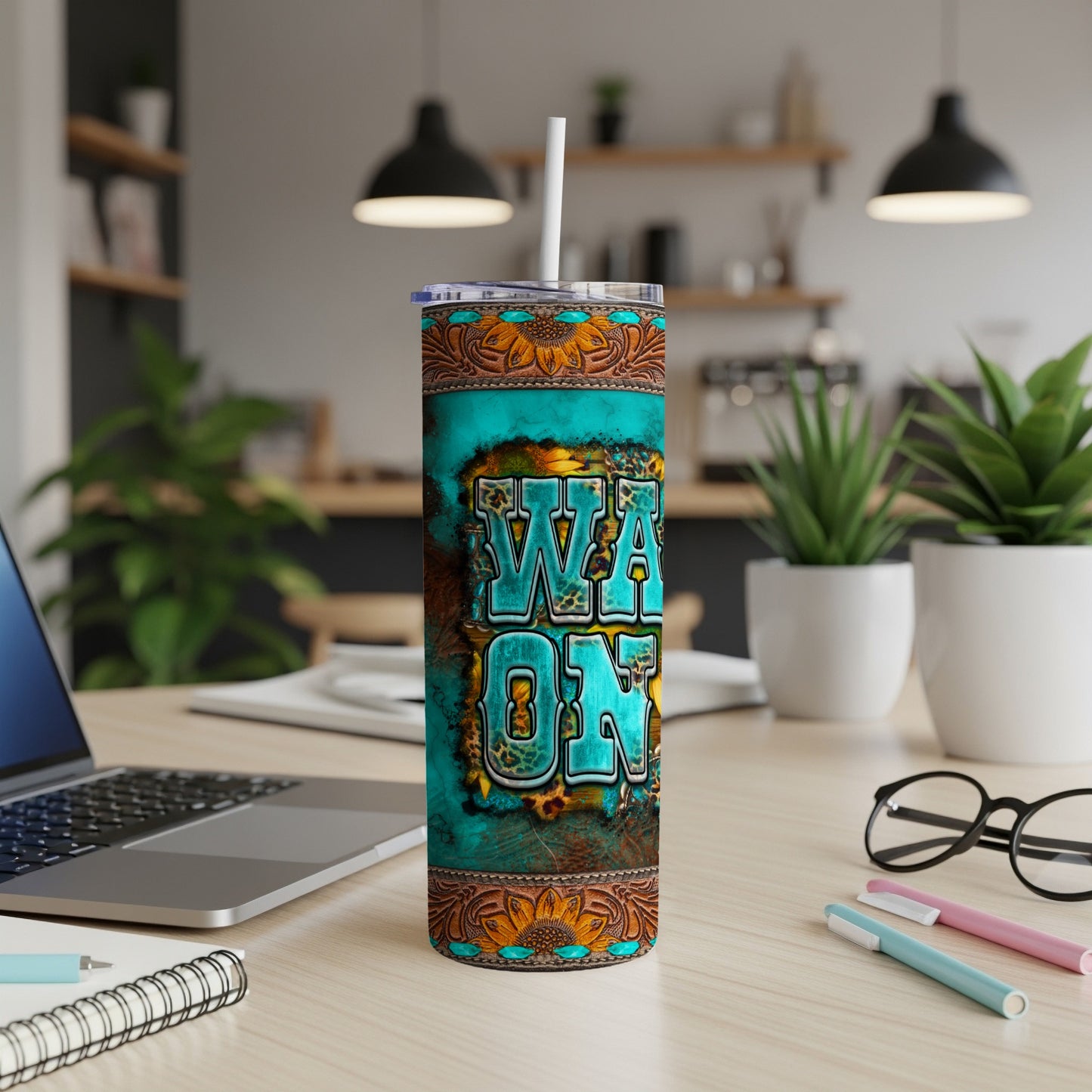 Turquoise tumbler with "Waco, TX" text and floral western design.