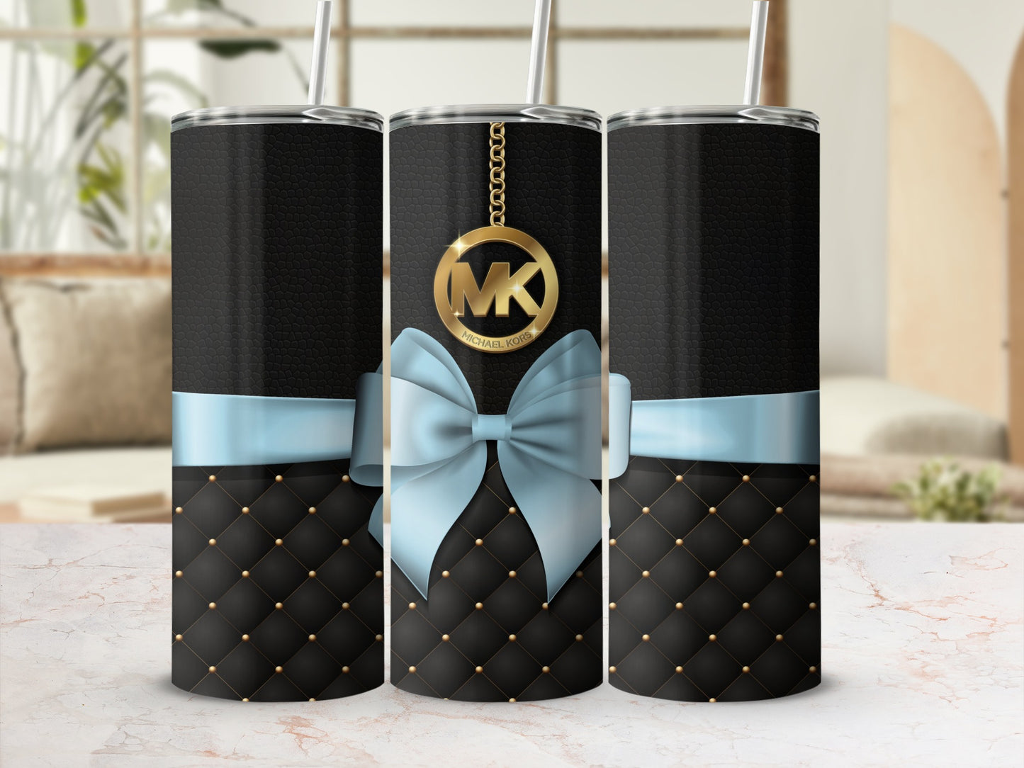 Stylish Black and Blue Tumbler with Elegant Bow Design
