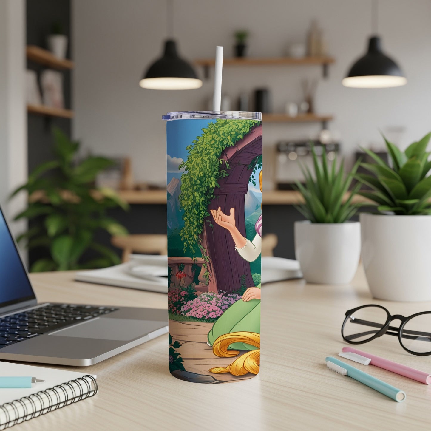 Rapunzel leaning on a wooden archway, holding a paintbrush, watercolor illustration.