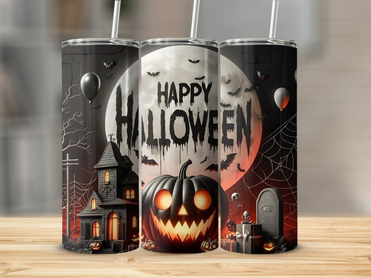 Three Halloween themed tumblers with a spooky house, pumpkin, and graveyard design.
