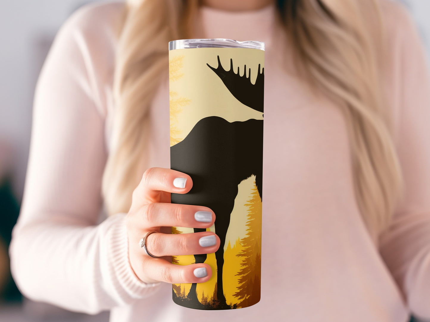 Moose Silhouette Tumbler with Forest Scene Design