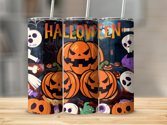 Three tumblers with a Halloween theme featuring pumpkins, ghosts, and the word "HALLOWEEN".