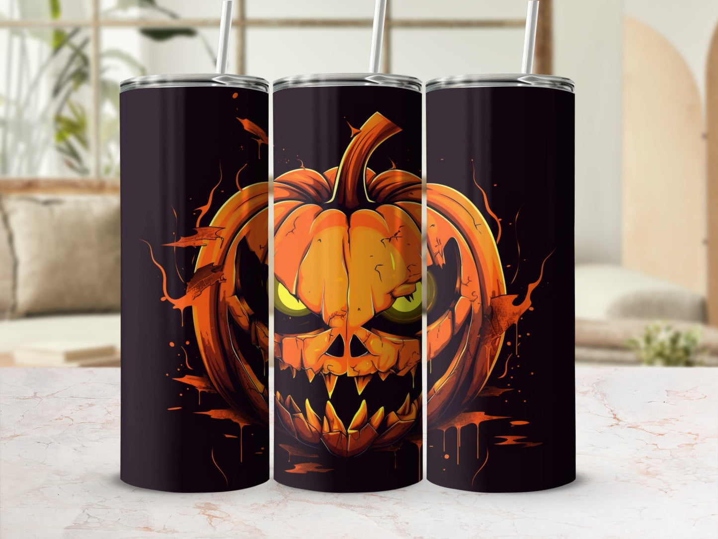 Spooky Halloween Pumpkin Tumbler Cup with Straw
