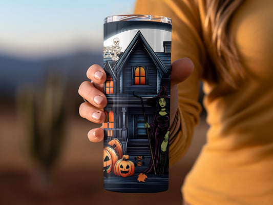 Spooky Witch Haunted House Design Tumbler Cup