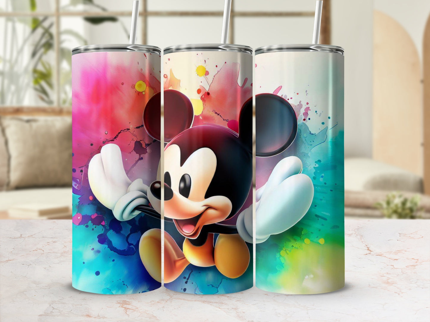 Vibrant Mickey Mouse Tumbler with Colorful Splash Design