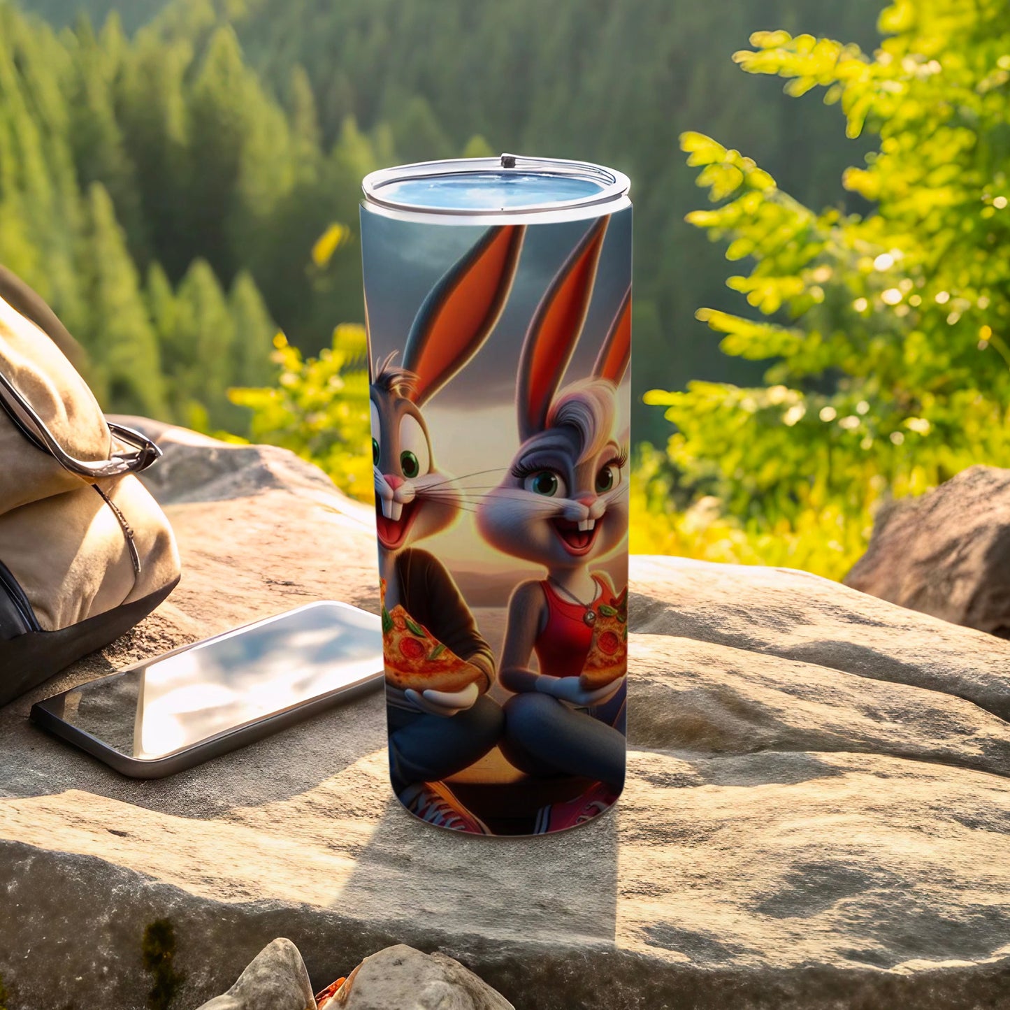 Cartoon Bunnies with Pizza Design Insulated Tumbler