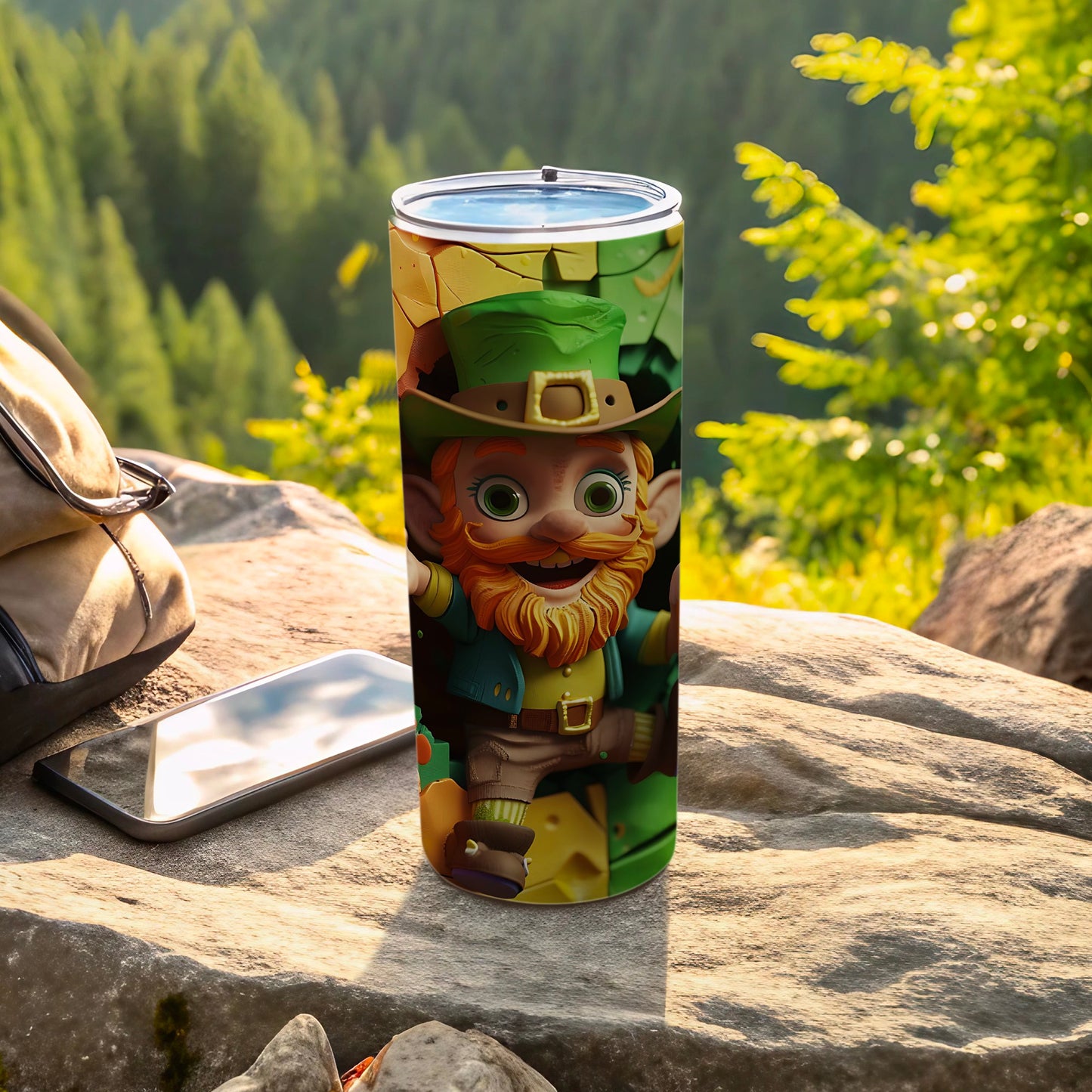 Leprechaun character tumbler with St. Patrick's Day theme, outdoors.
