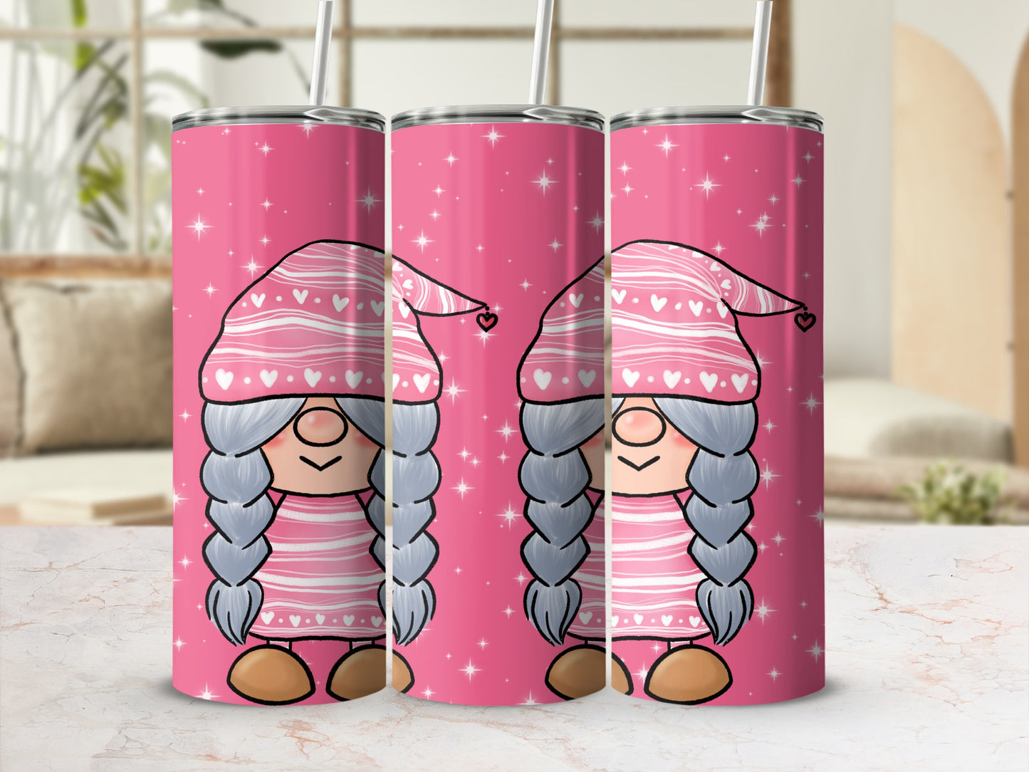 Gnome Character Pink and Grey Pattern Tumbler