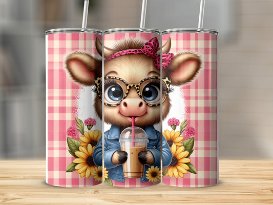 Cartoon cow wearing glasses and a pink bow, holding a drink.