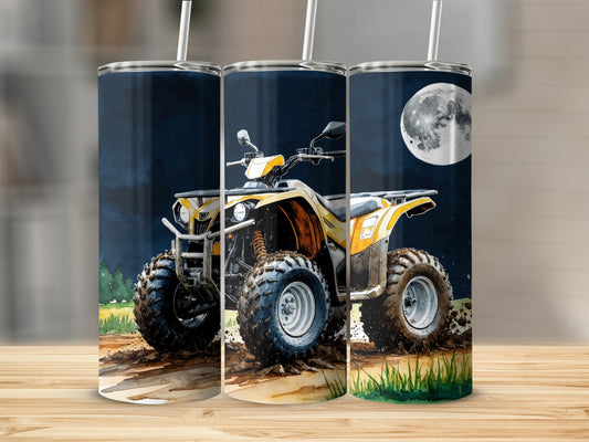 Yellow ATV on dirt path under a full moon and night sky.