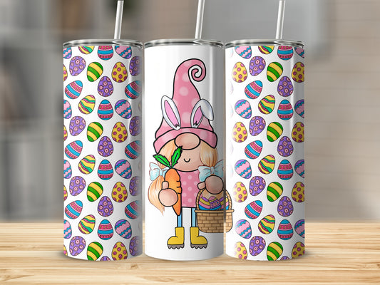 Easter gnome with basket and carrot, surrounded by patterned eggs.