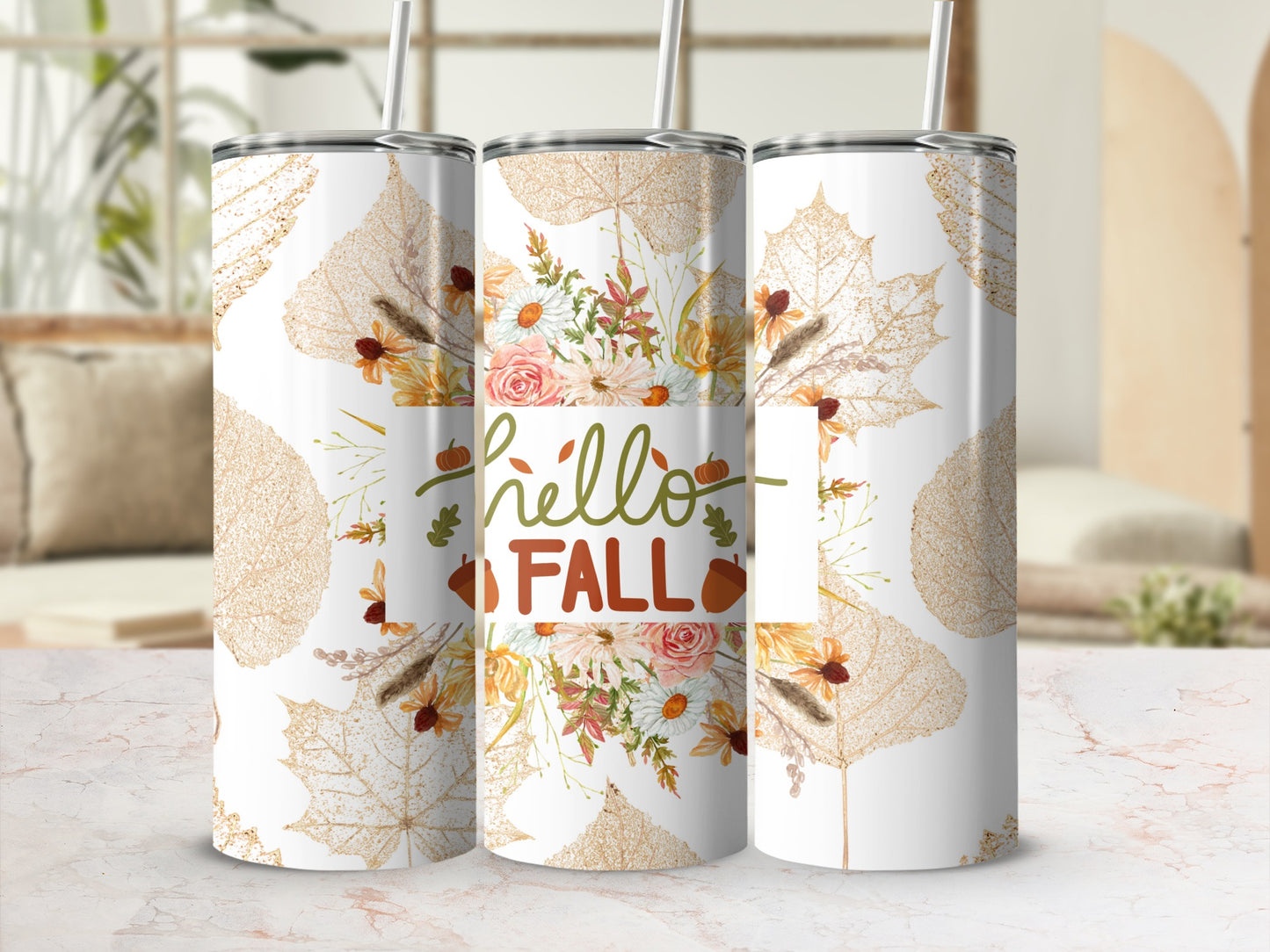 Hello Fall Autumn Leaf Print Skinny Tumbler Product